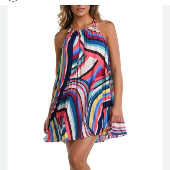 Slice Pleated Cover-Up Trapeze Dress La Blanca Multicolor Striped Swim Coverup S - Picture 1 of 9